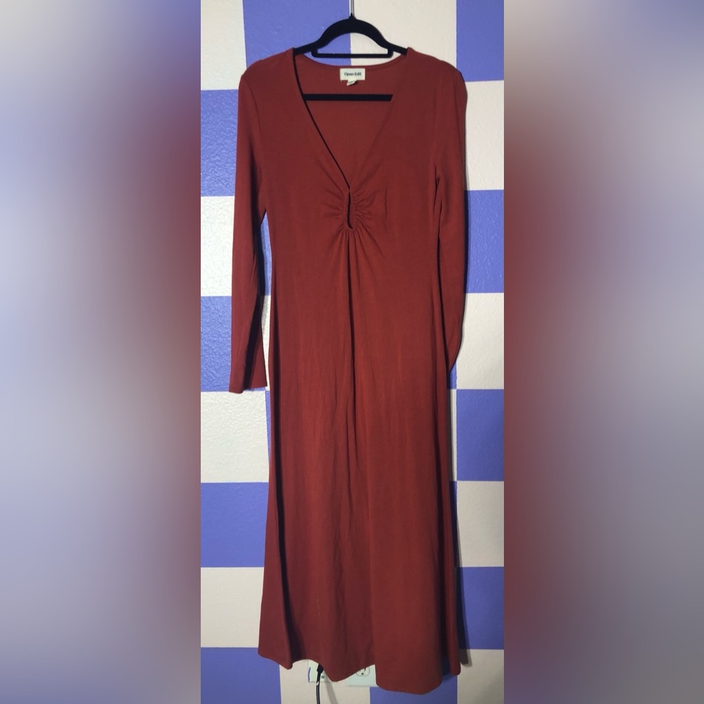 NWOT Open Edit Ruched Cut-out Long Sleeved Midi Dress in Orange - Size S